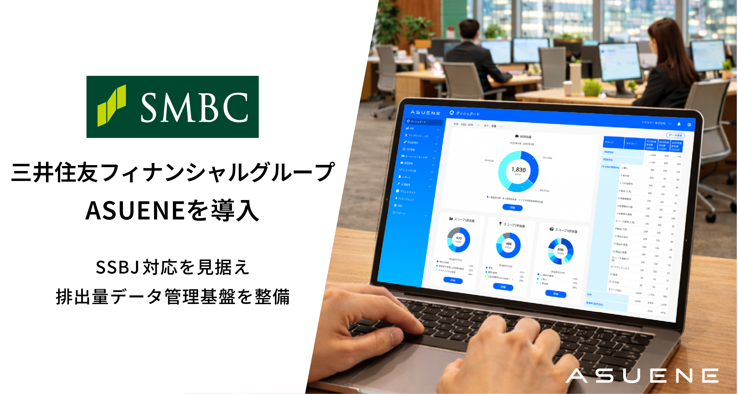 アスエネ、三井住友フィナンシャルグループにCO2排出量の見える化・削減・報告クラウド「ASUENE」を導入