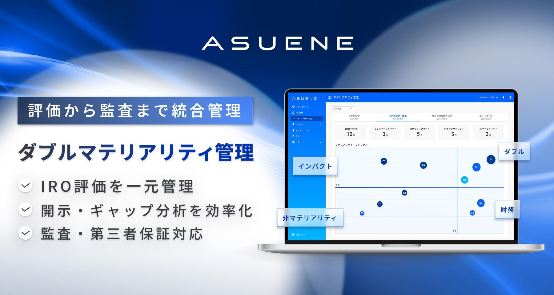 アスエネ、「ASUENE」に社会・環境と財務の両面から影響を評価する「ダブルマテリアリティ管理」機能を追加